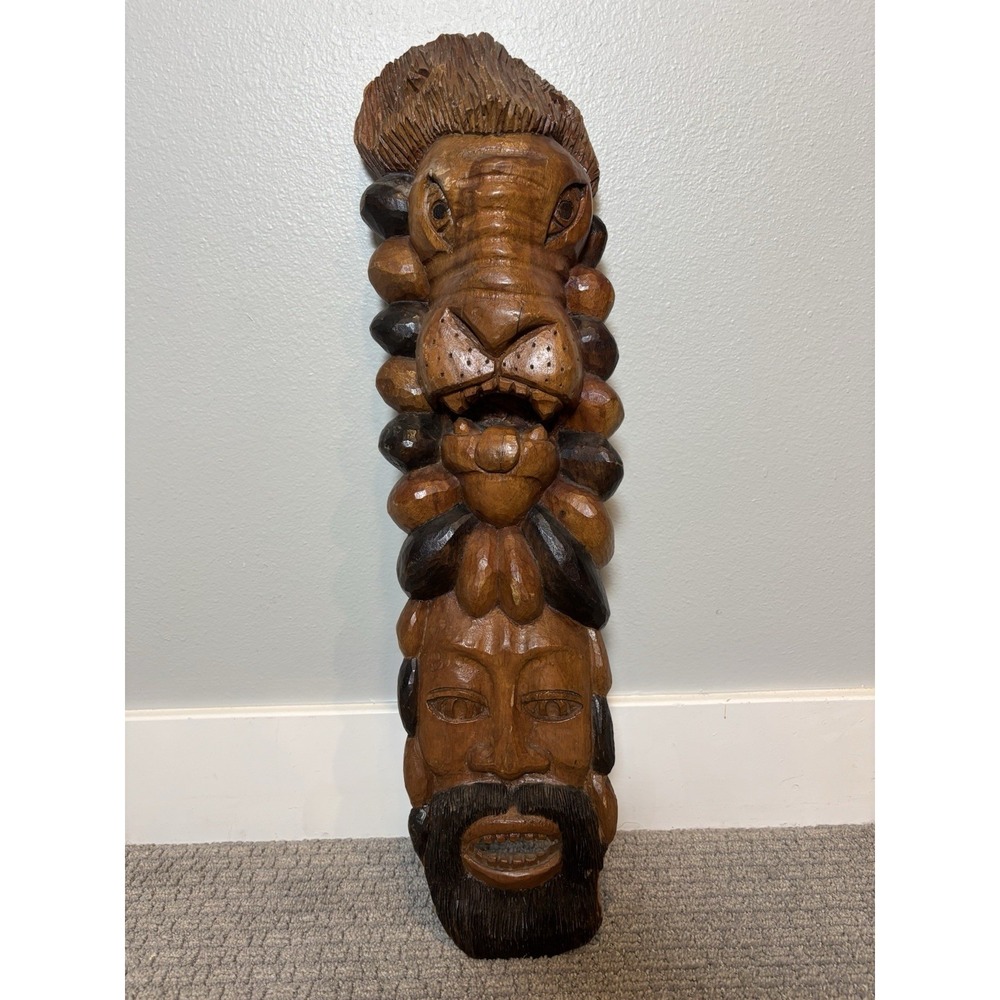 Jamaican Tiki Totem Folk Wood Carving‎ Rastafarian Lion Of Judah